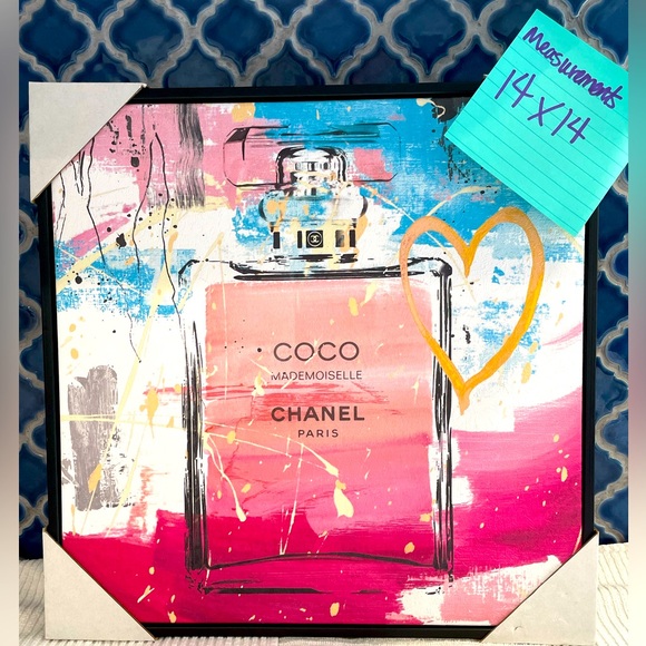New CoCo Chanel Framed Wall Art 14x14 with notes of pinks & blues - Picture 1 of 2